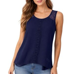 Doe & Rae Navy Lace Sheer Chiffon Tank Top